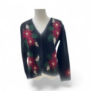 Coldwater Creek 100% Boiled Wool Christmas Embroidered Poinsettia Cardigan Sz M